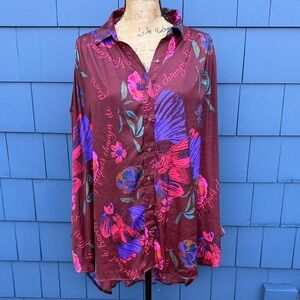 Free People Burgundy Floral Button-Down Shirt oversized